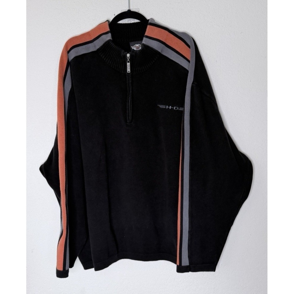 Vintage Harley Davidson‎ Sweater Mens 3XL Black Orange Stripe Quarter Zip